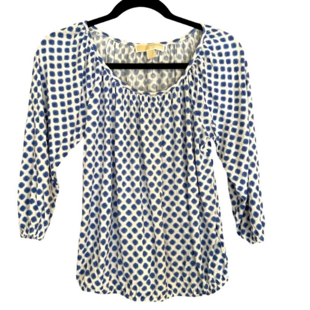 Michael Kors Women's Padova Print Knit Scoop Top White Blue Paisley Size Small